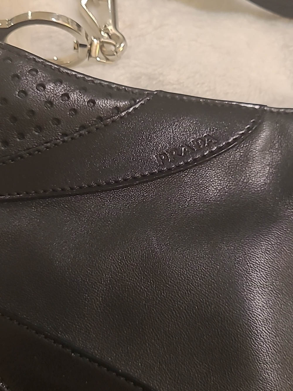 Prada Black Leather Vitello Drive Shoulder Bag with Perforated Accents - Picture 6 of 6